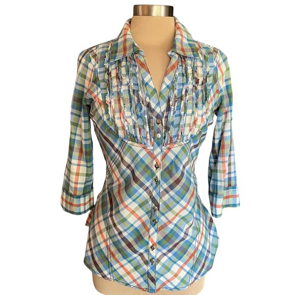 BKE Blue Rust Plaid Button Down Shirt MED Sequins Smocked Back Roll Tab Sleeves - Picture 1 of 10